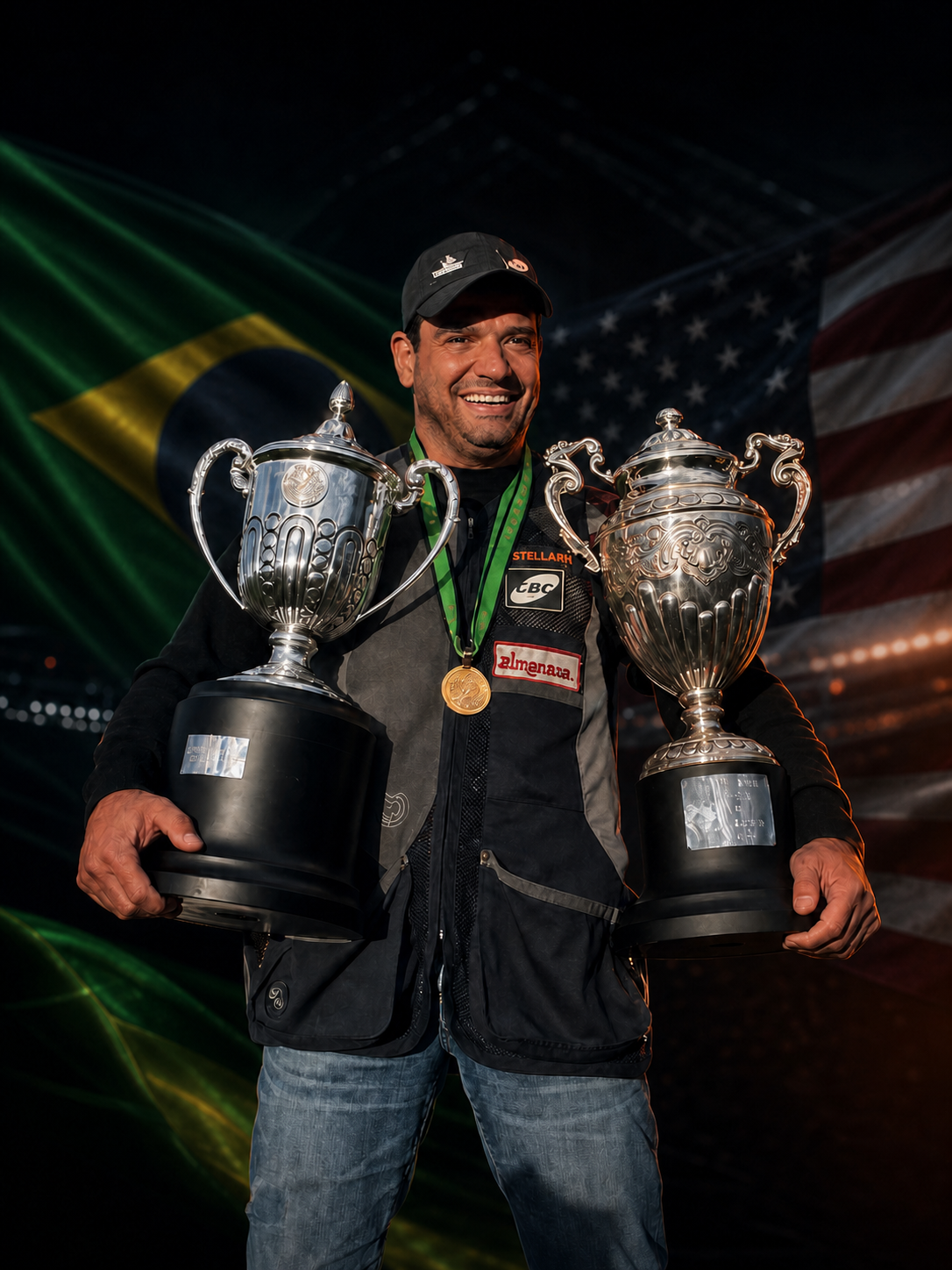 Dodo Molena holding two championship trophies and wearing a gold medal.